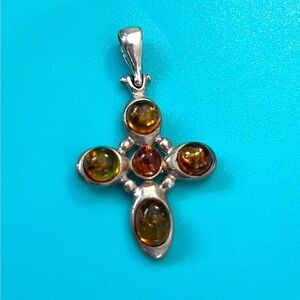Amber Cross Pendant Sterling Silver